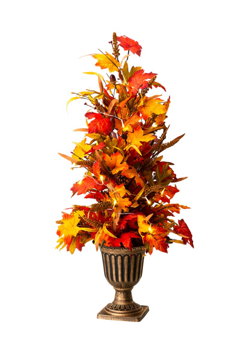 36 Inch Fall Lighted Maple Leaves Urn Potted Porch Tree, 20 Warm White Lights