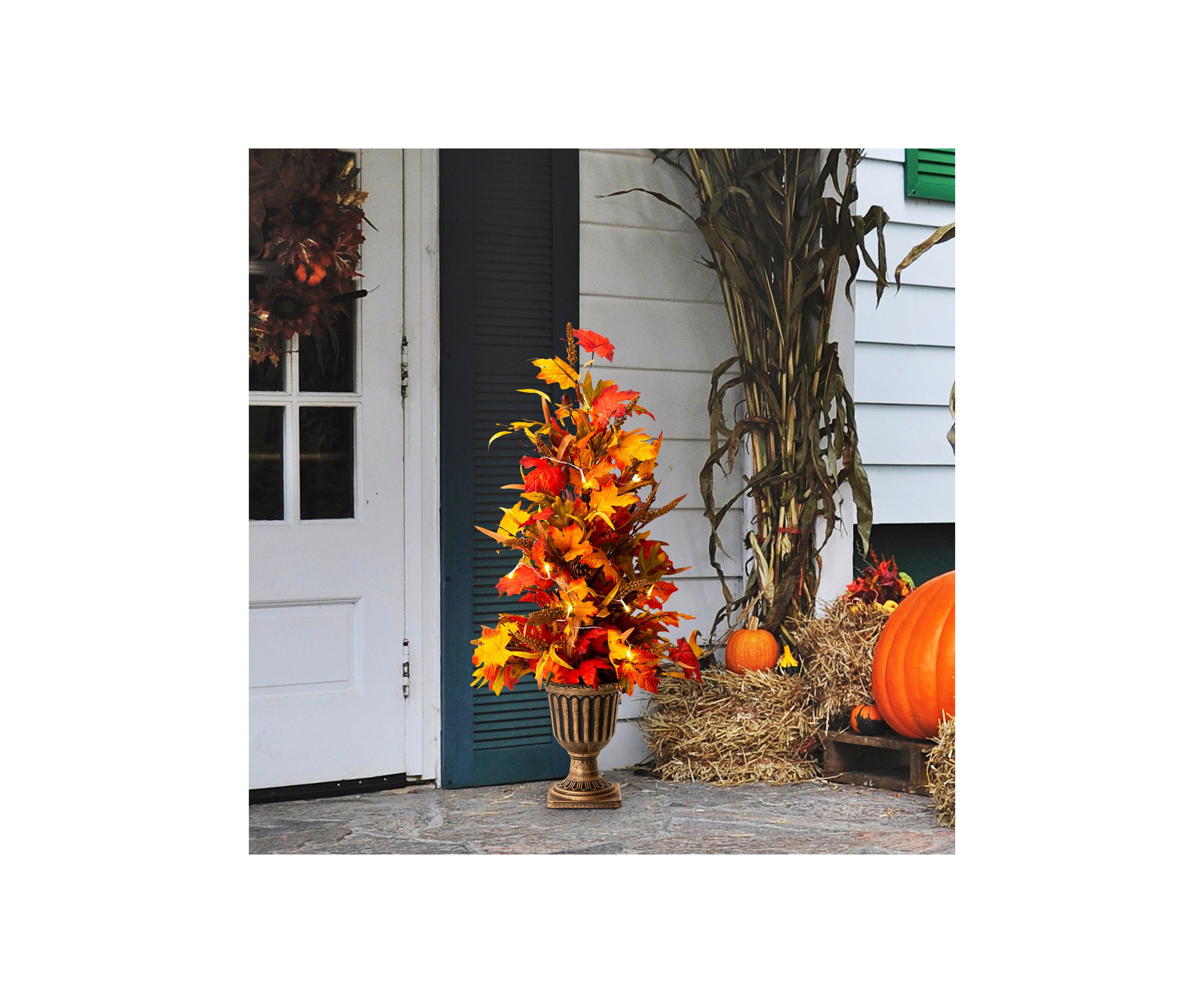 36 Inch Fall Lighted Maple Leaves Urn Potted Porch Tree, 20 Warm White Lights