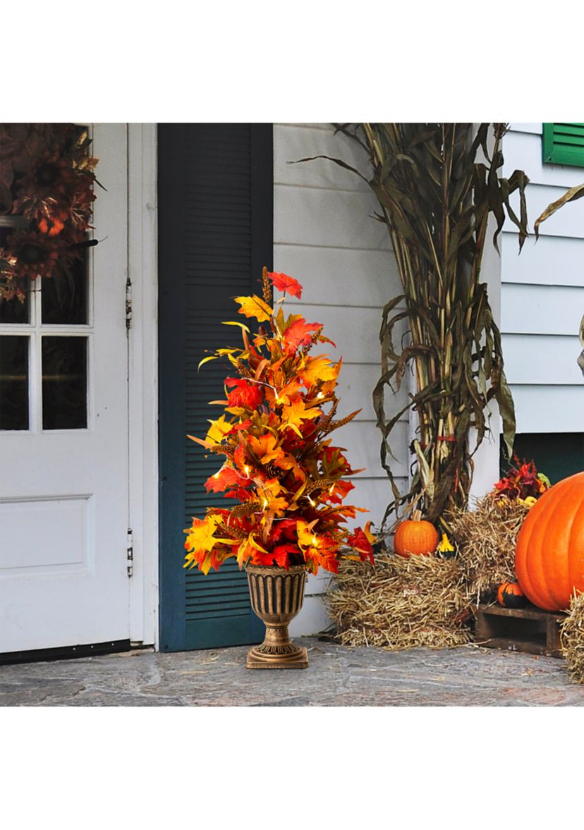 36 Inch Fall Lighted Maple Leaves Urn Potted Porch Tree, 20 Warm White Lights