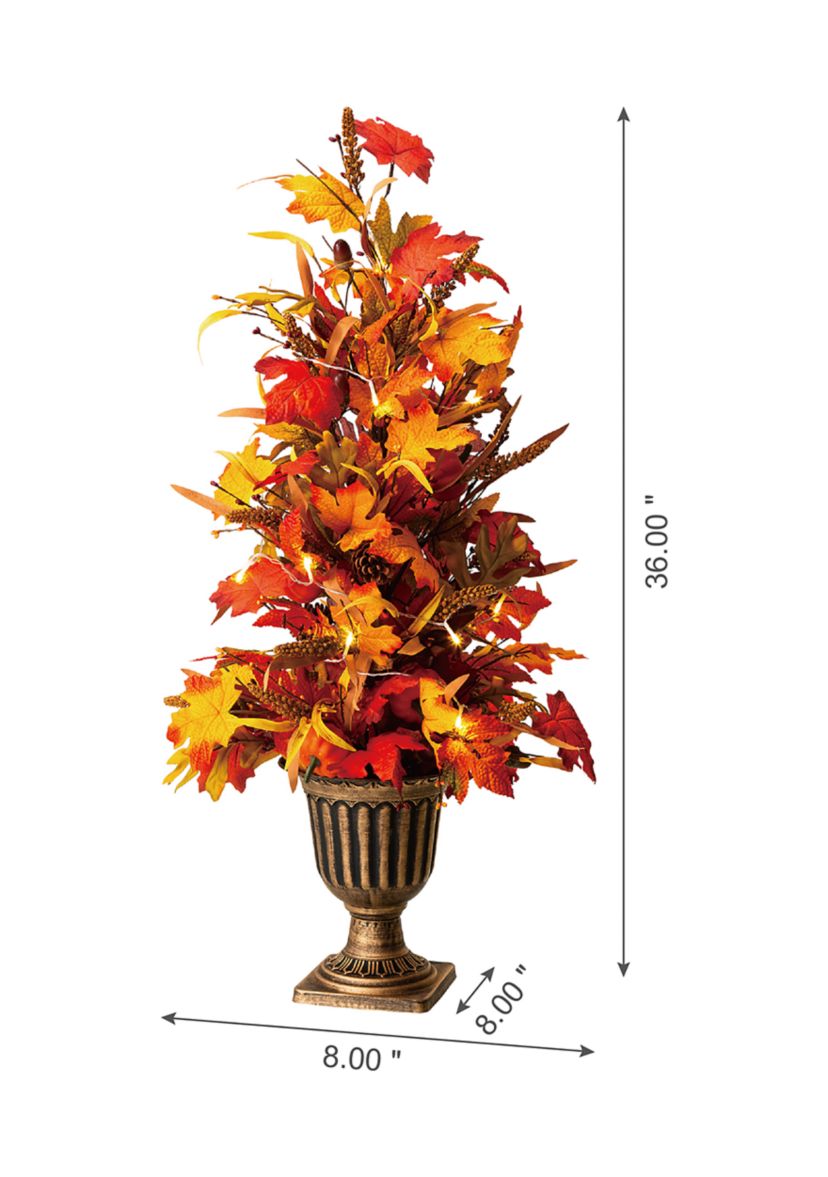 36 Inch Fall Lighted Maple Leaves Urn Potted Porch Tree, 20 Warm White Lights