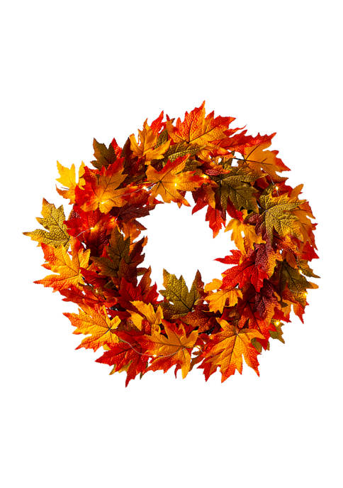 Glitzhome 24 Inch Fall Lighted Maple Leaves Wreath