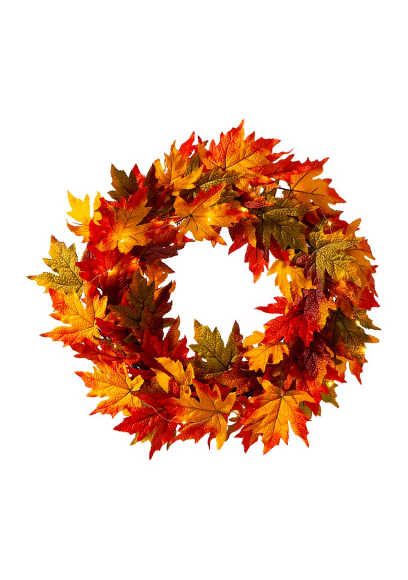 24 Inch Fall Lighted Maple Leaves Wreath