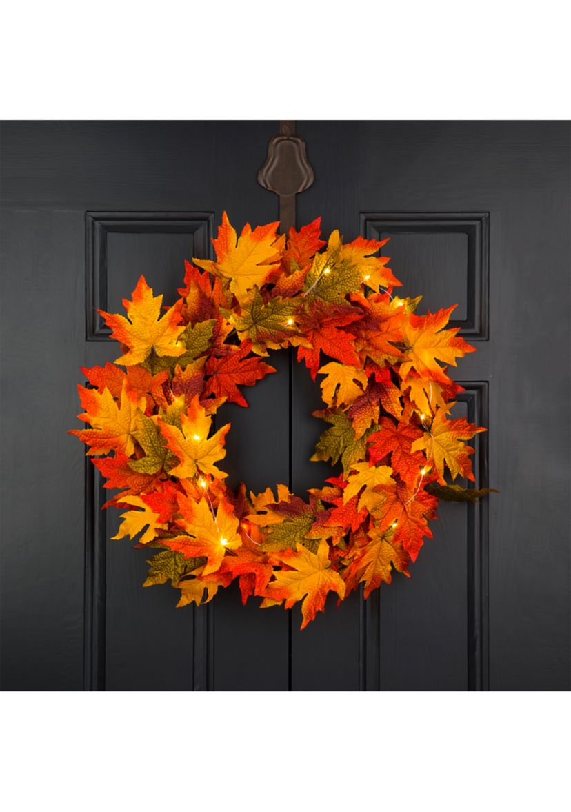 24 Inch Fall Lighted Maple Leaves Wreath