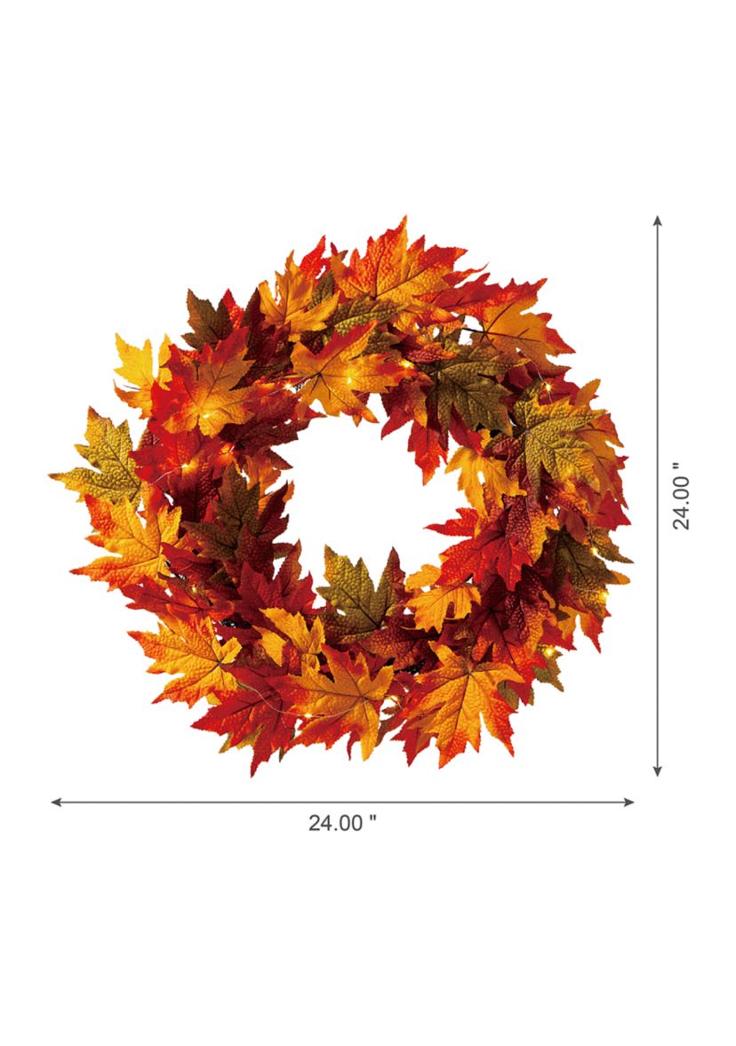 24 Inch Fall Lighted Maple Leaves Wreath