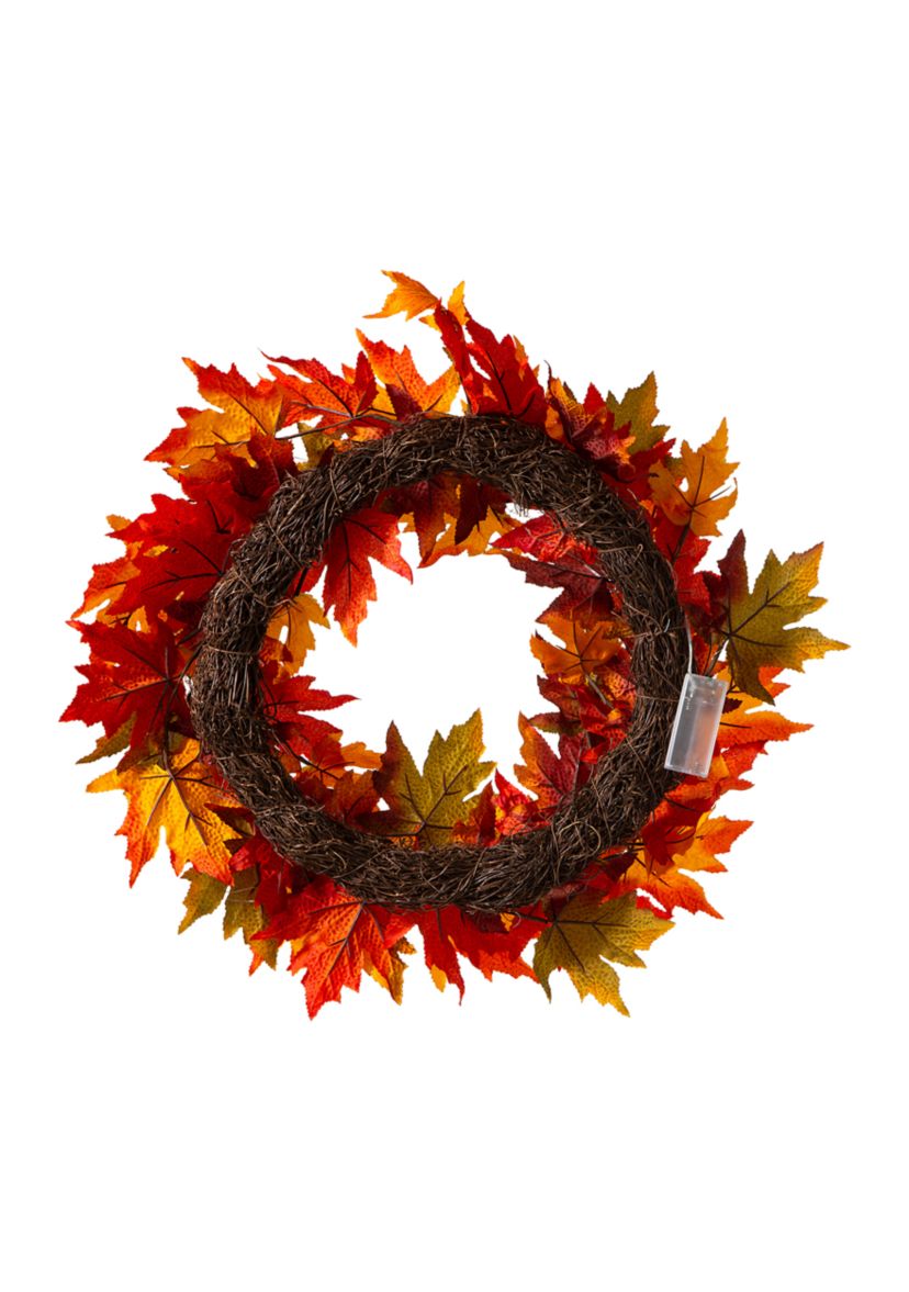 24 Inch Fall Lighted Maple Leaves Wreath
