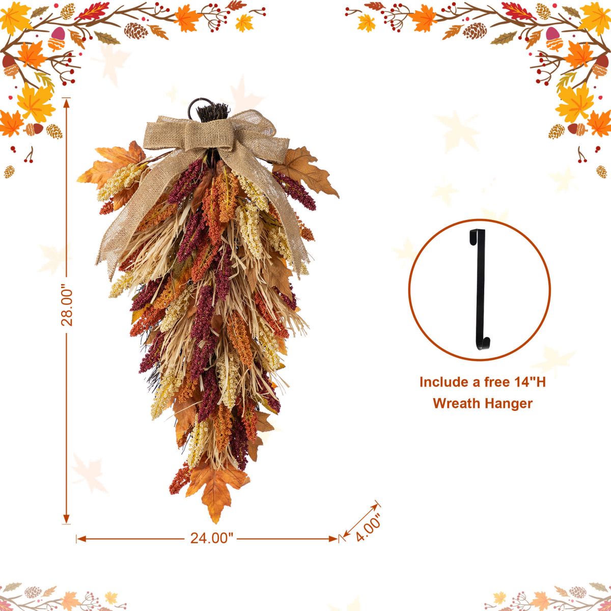28"H Fall Multi-Colored Sorghum Swag Includes a Complimentary Black Metal Wreath Hanger