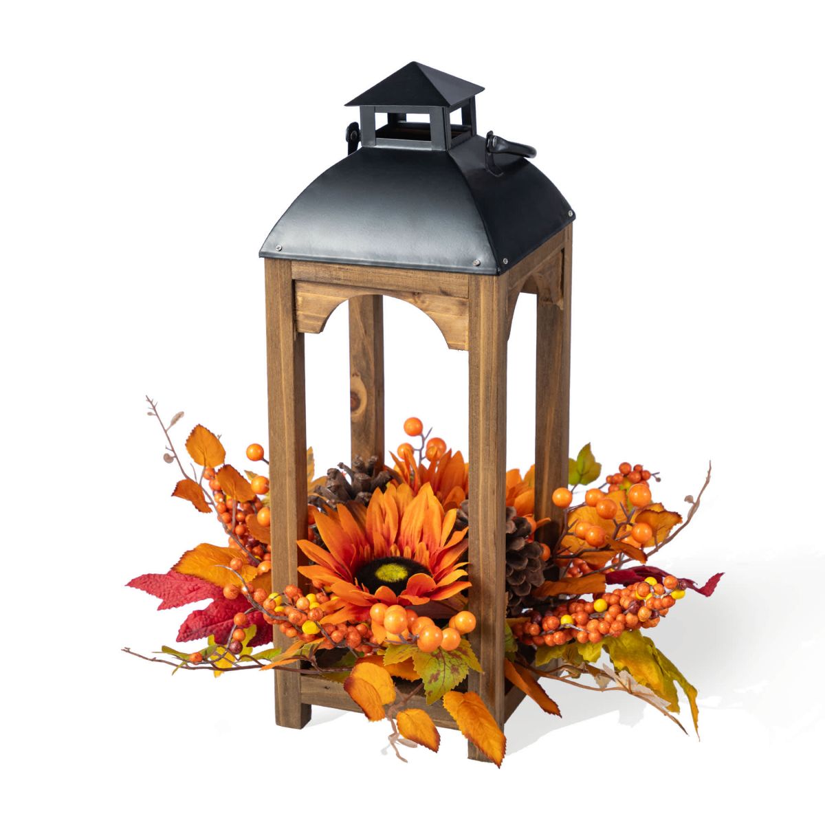 20"H Fall Sunflower, Pinecone and Berry Wood Lantern Centerpiece