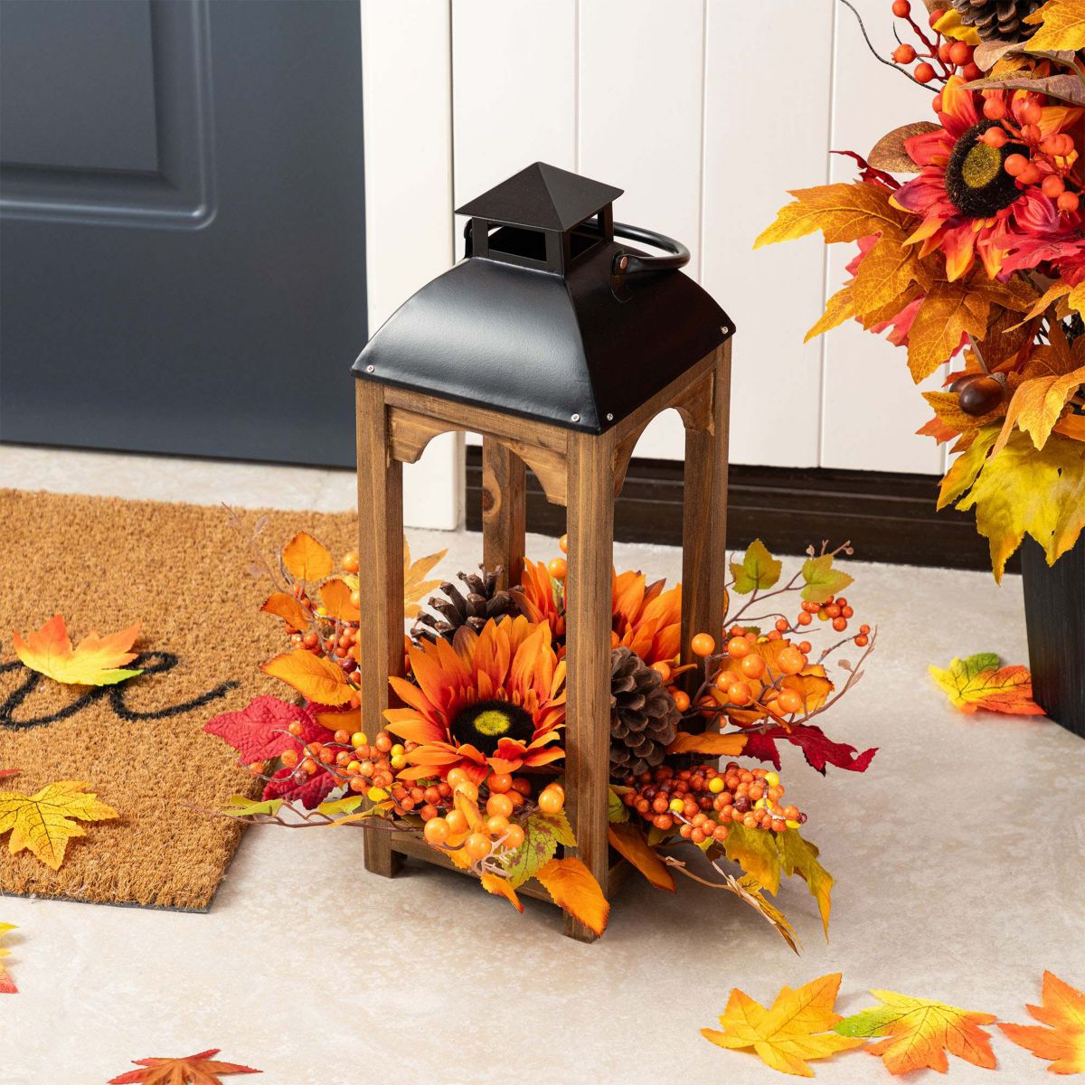 20"H Fall Sunflower, Pinecone and Berry Wood Lantern Centerpiece