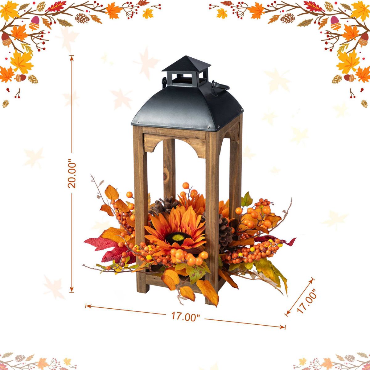 20"H Fall Sunflower, Pinecone and Berry Wood Lantern Centerpiece