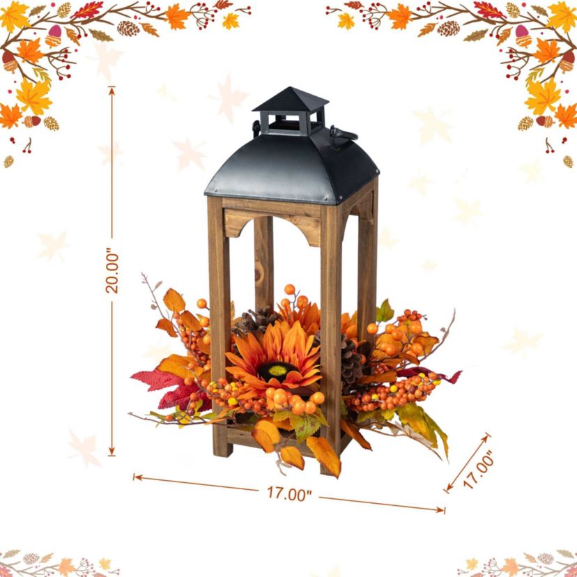 20"H Fall Sunflower, Pinecone and Berry Wood Lantern Centerpiece