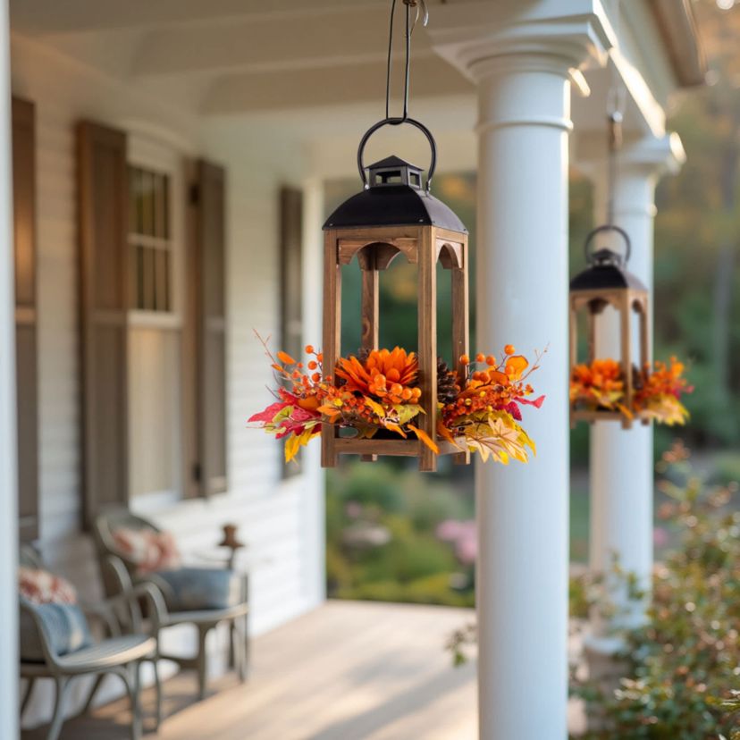 20"H Fall Sunflower, Pinecone and Berry Wood Lantern Centerpiece