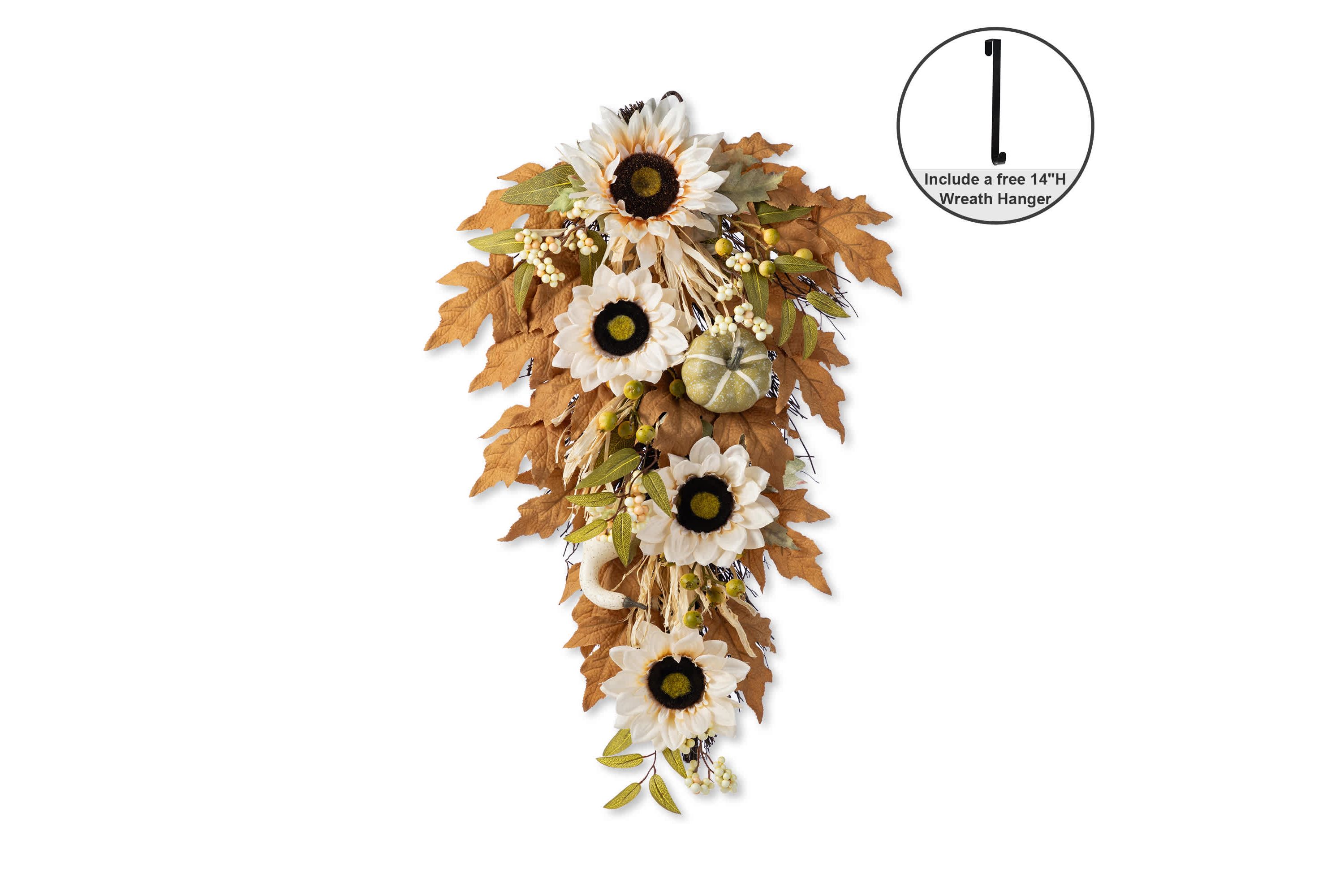 28"H Fall Neutral Sunflower, Pumpkin and Leaf Swag Includes a Complimentary Black Metal Wreath Hanger