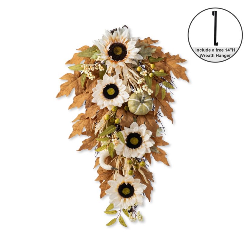 28"H Fall Neutral Sunflower, Pumpkin and Leaf Swag Includes a Complimentary Black Metal Wreath Hanger