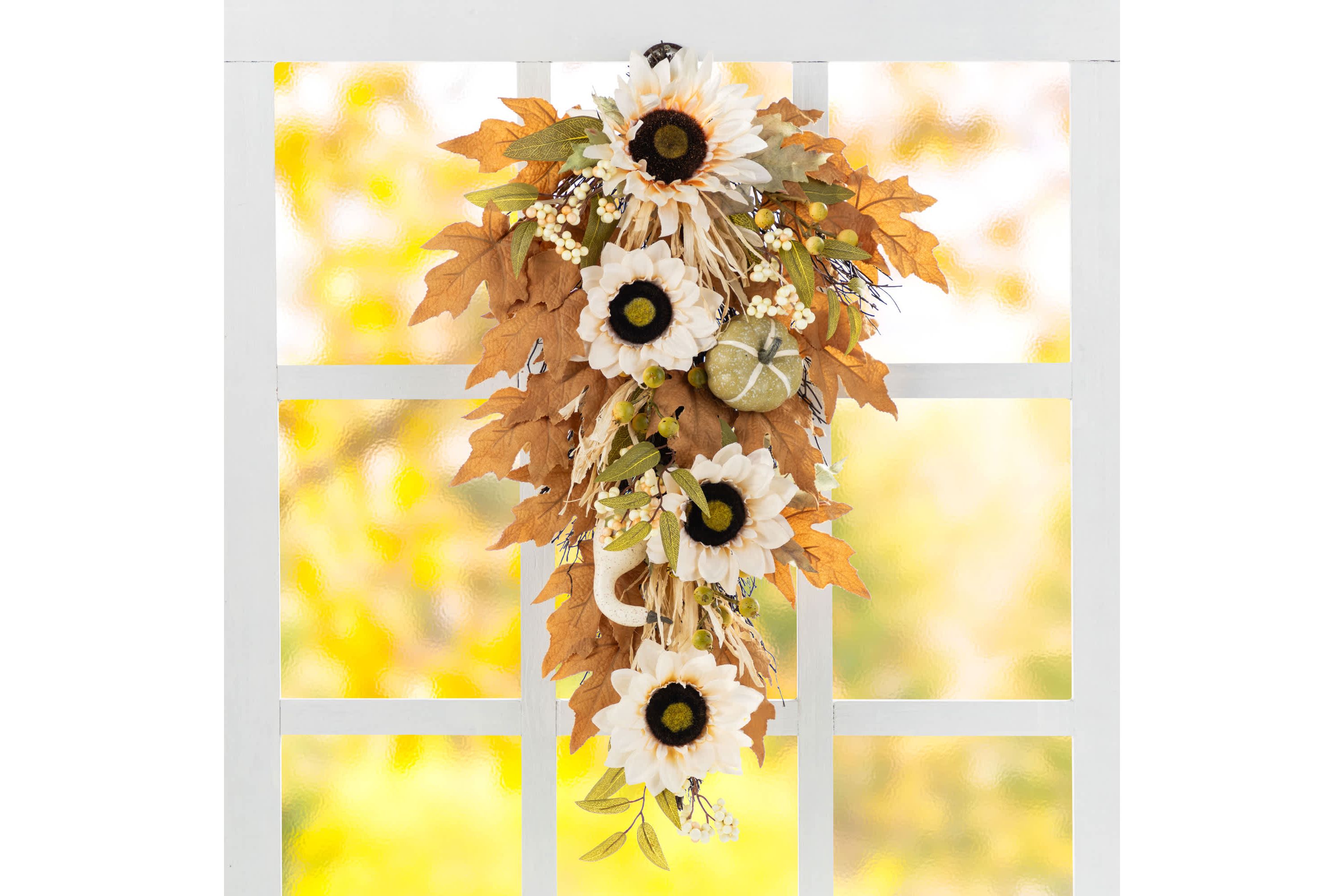 28"H Fall Neutral Sunflower, Pumpkin and Leaf Swag Includes a Complimentary Black Metal Wreath Hanger