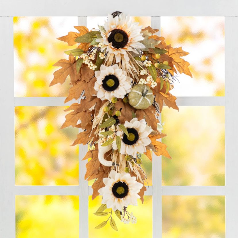 28"H Fall Neutral Sunflower, Pumpkin and Leaf Swag Includes a Complimentary Black Metal Wreath Hanger
