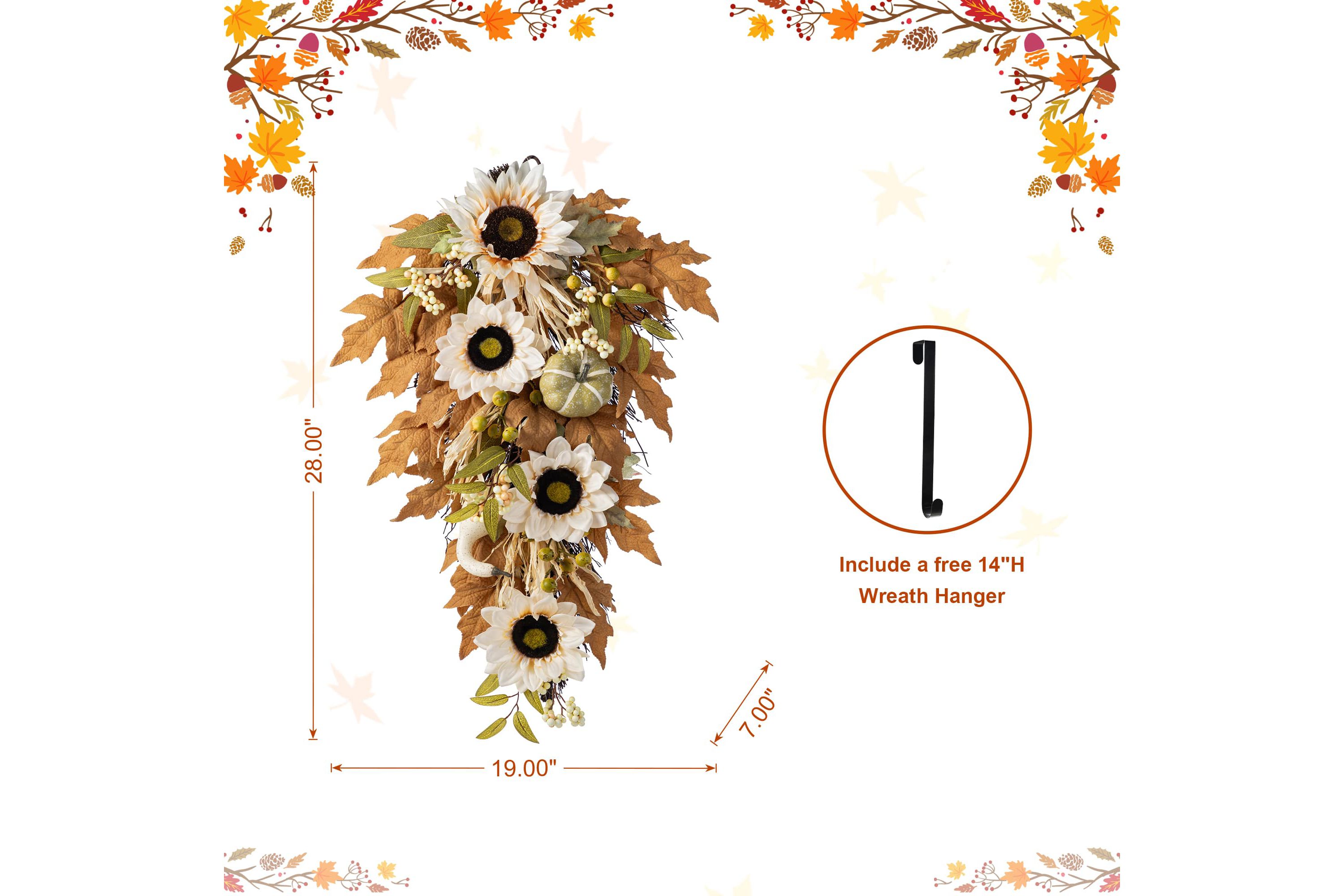 28"H Fall Neutral Sunflower, Pumpkin and Leaf Swag Includes a Complimentary Black Metal Wreath Hanger