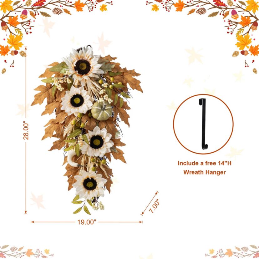 28"H Fall Neutral Sunflower, Pumpkin and Leaf Swag Includes a Complimentary Black Metal Wreath Hanger