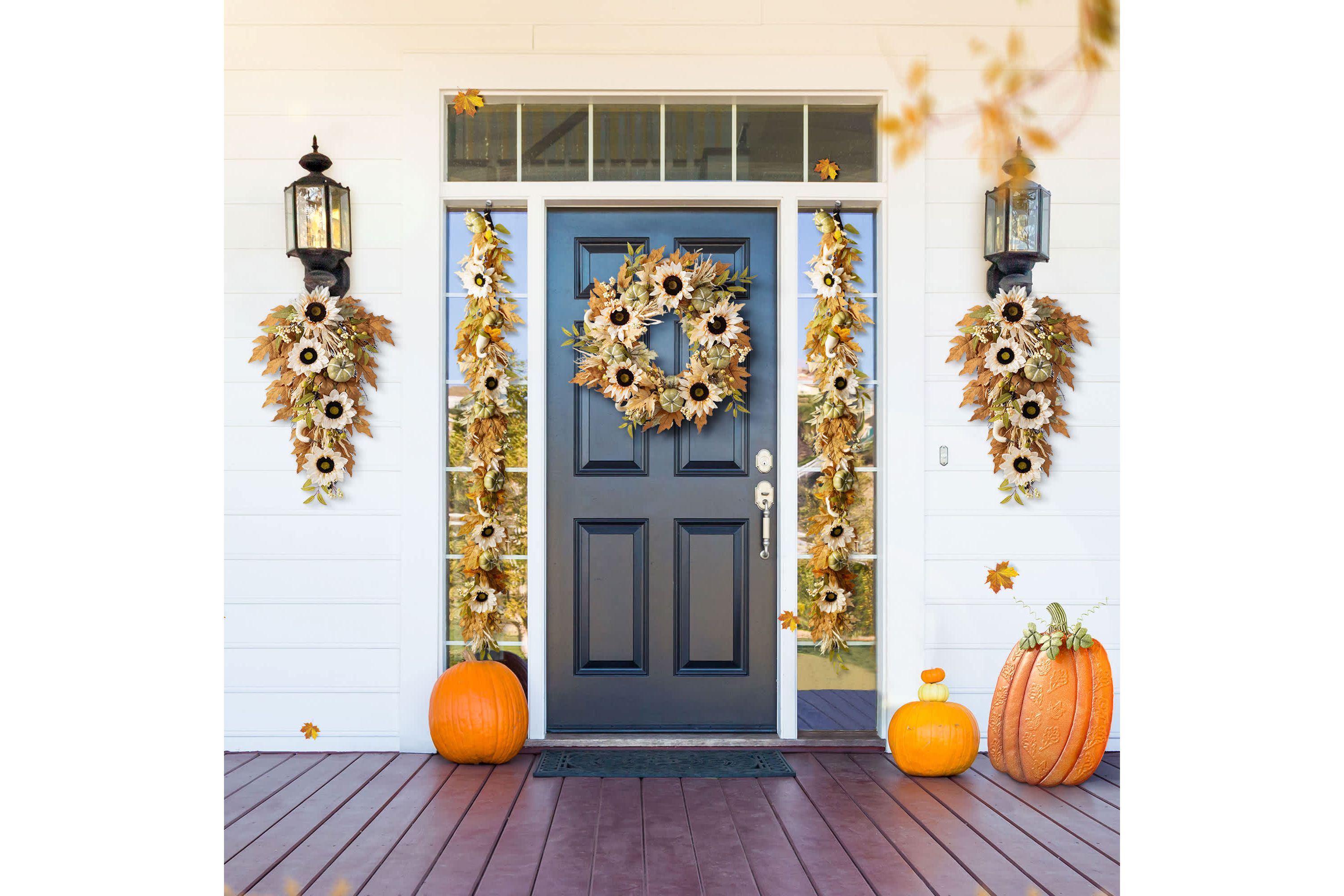 28"H Fall Neutral Sunflower, Pumpkin and Leaf Swag Includes a Complimentary Black Metal Wreath Hanger