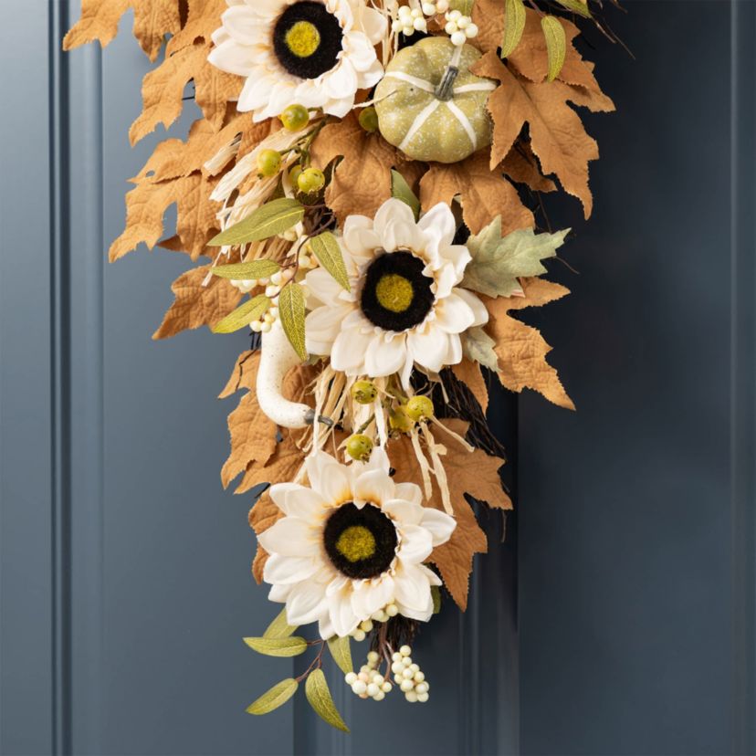 28"H Fall Neutral Sunflower, Pumpkin and Leaf Swag Includes a Complimentary Black Metal Wreath Hanger