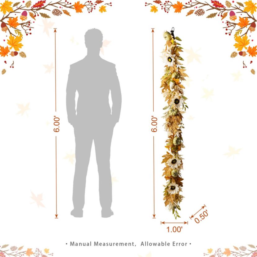 72"L Fall Neutral Sunflower, Pumpkin and Leaf Garland