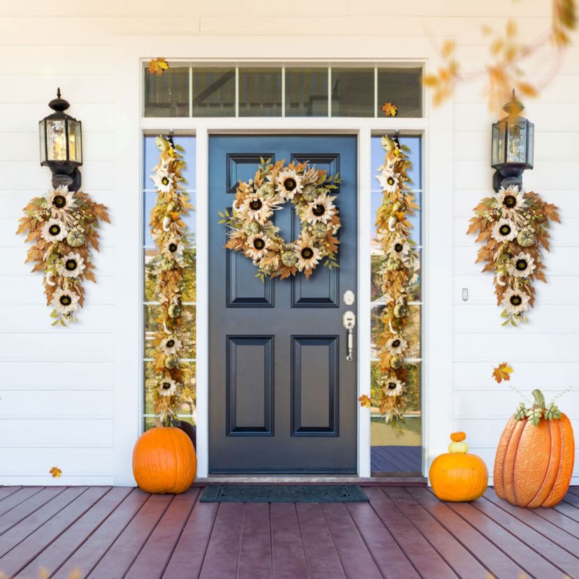 72"L Fall Neutral Sunflower, Pumpkin and Leaf Garland