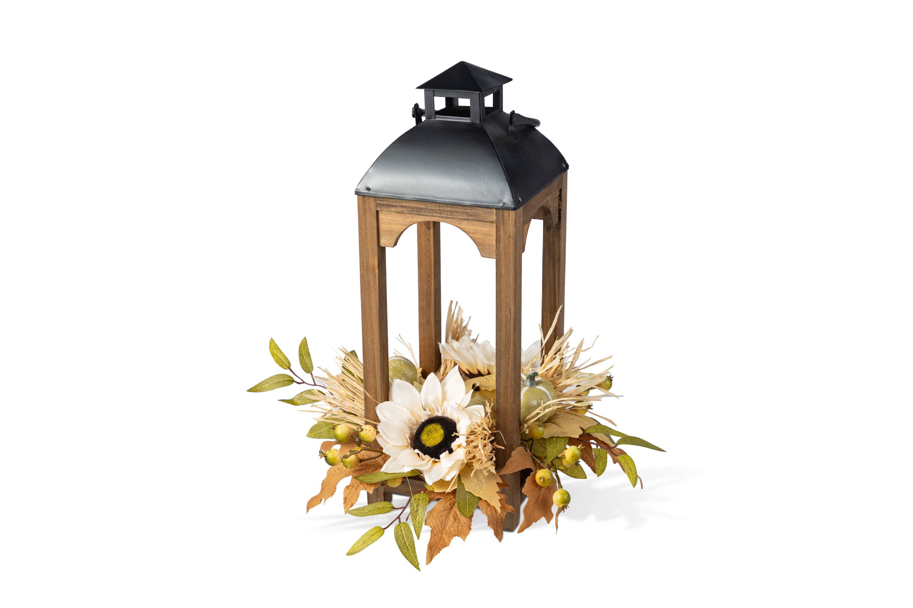 20"H Fall Neutral Sunflower, Pumpkin and Leaf Wood Lantern Centerpiece