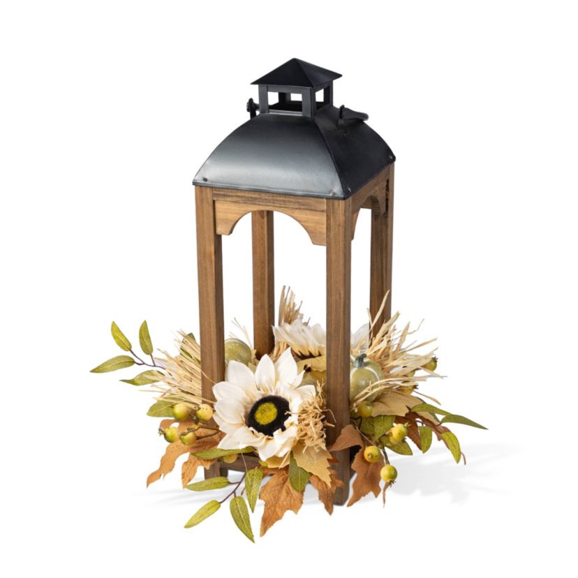 20"H Fall Neutral Sunflower, Pumpkin and Leaf Wood Lantern Centerpiece