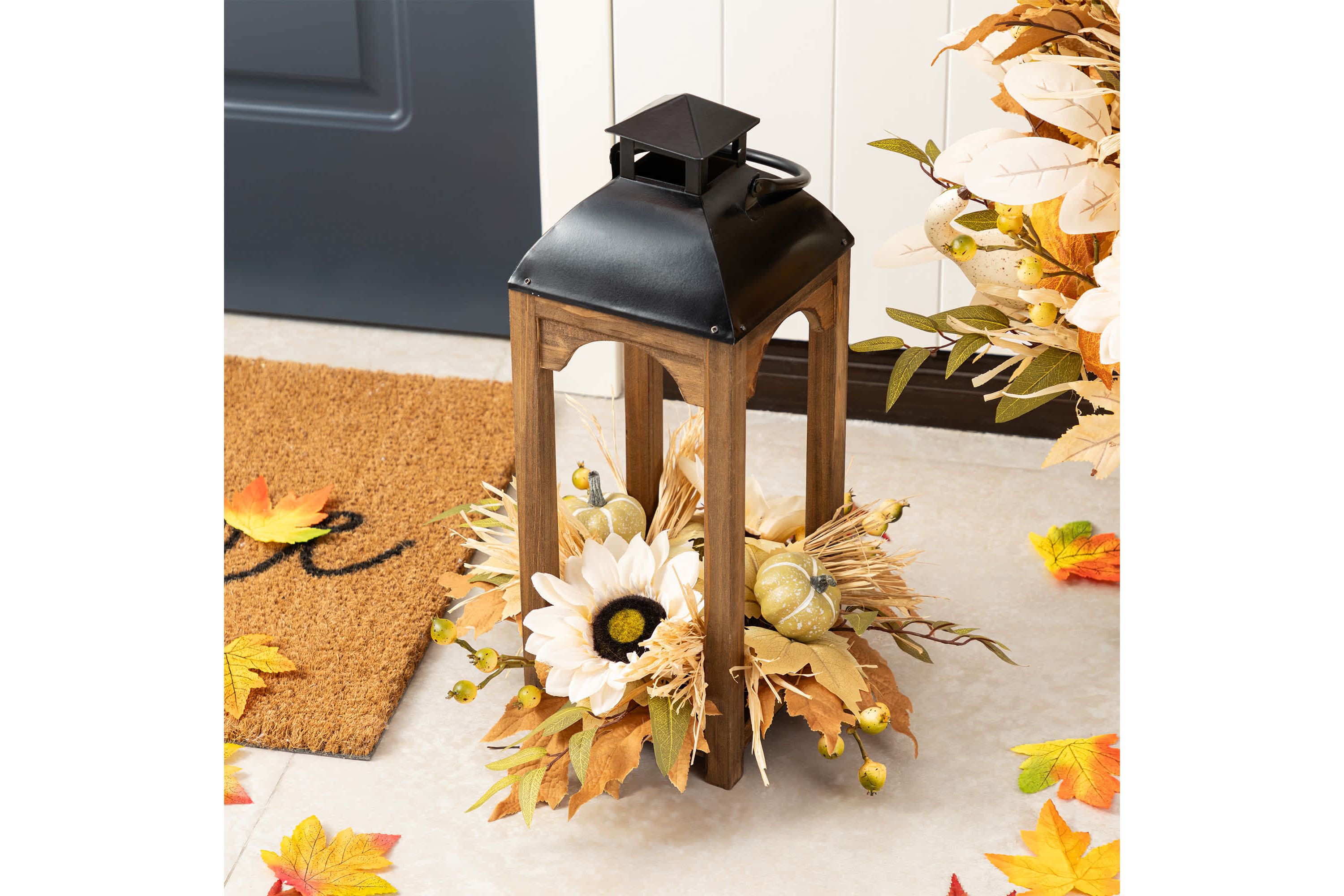 20"H Fall Neutral Sunflower, Pumpkin and Leaf Wood Lantern Centerpiece