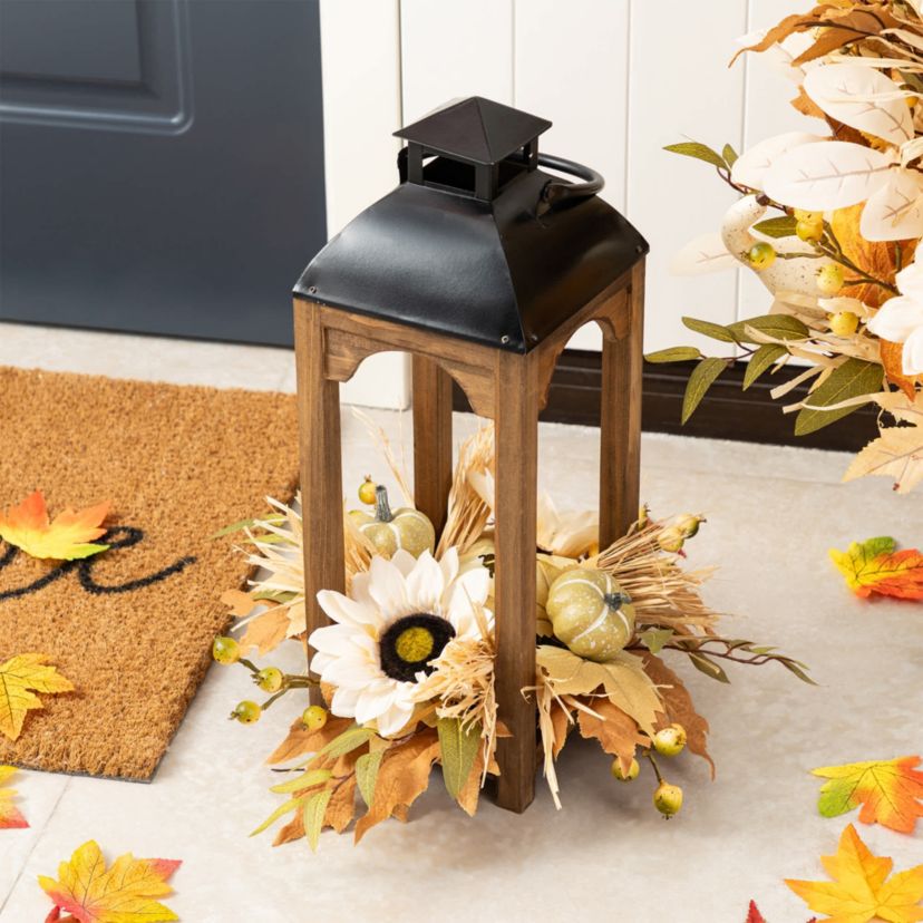 20"H Fall Neutral Sunflower, Pumpkin and Leaf Wood Lantern Centerpiece