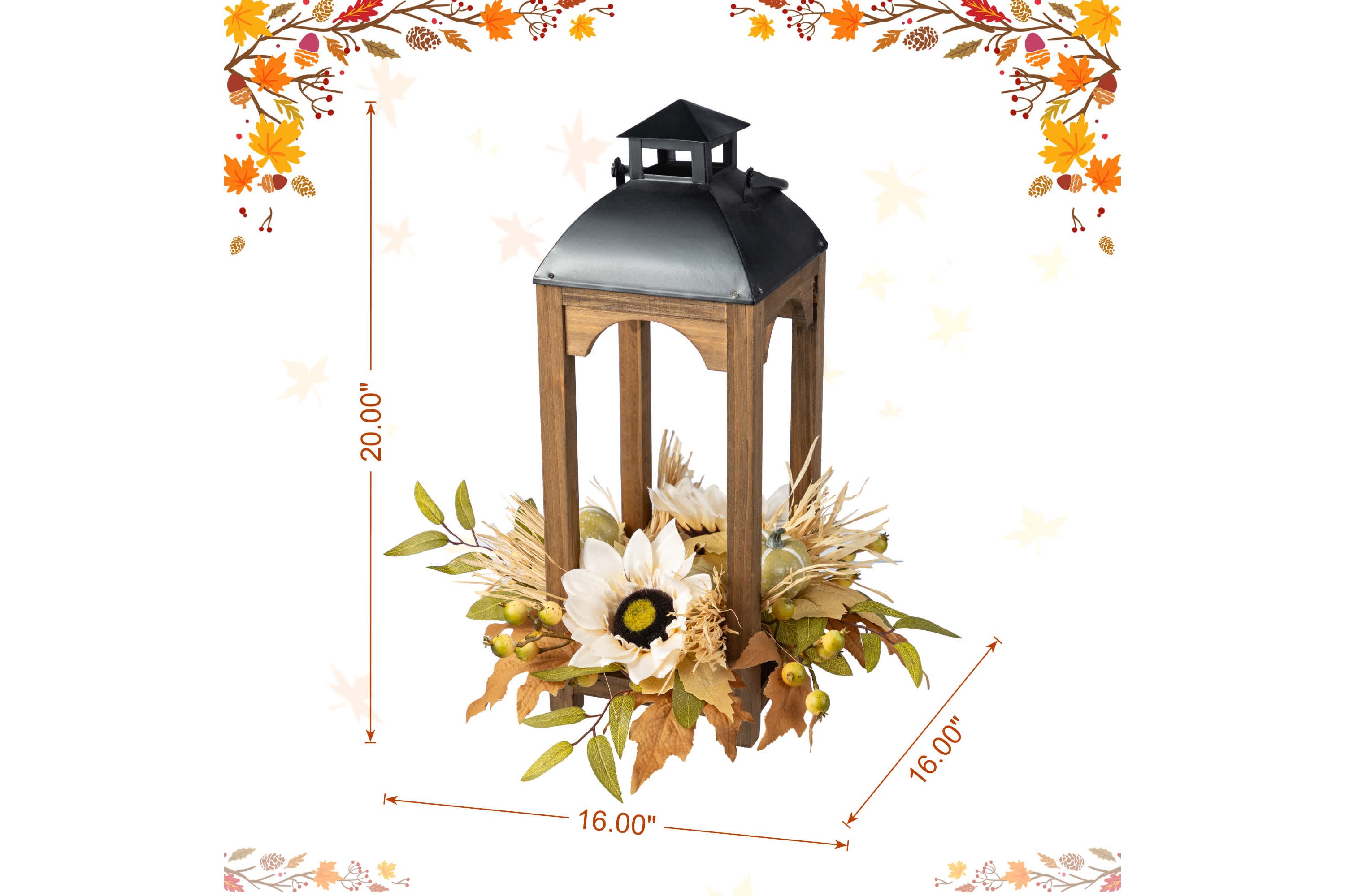 20"H Fall Neutral Sunflower, Pumpkin and Leaf Wood Lantern Centerpiece