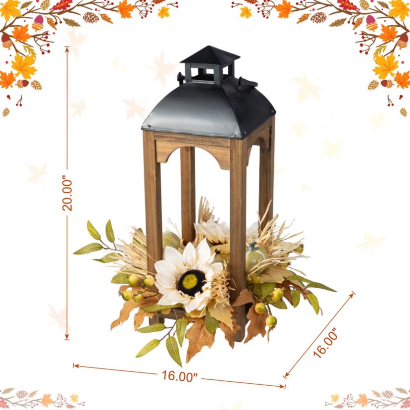 20"H Fall Neutral Sunflower, Pumpkin and Leaf Wood Lantern Centerpiece