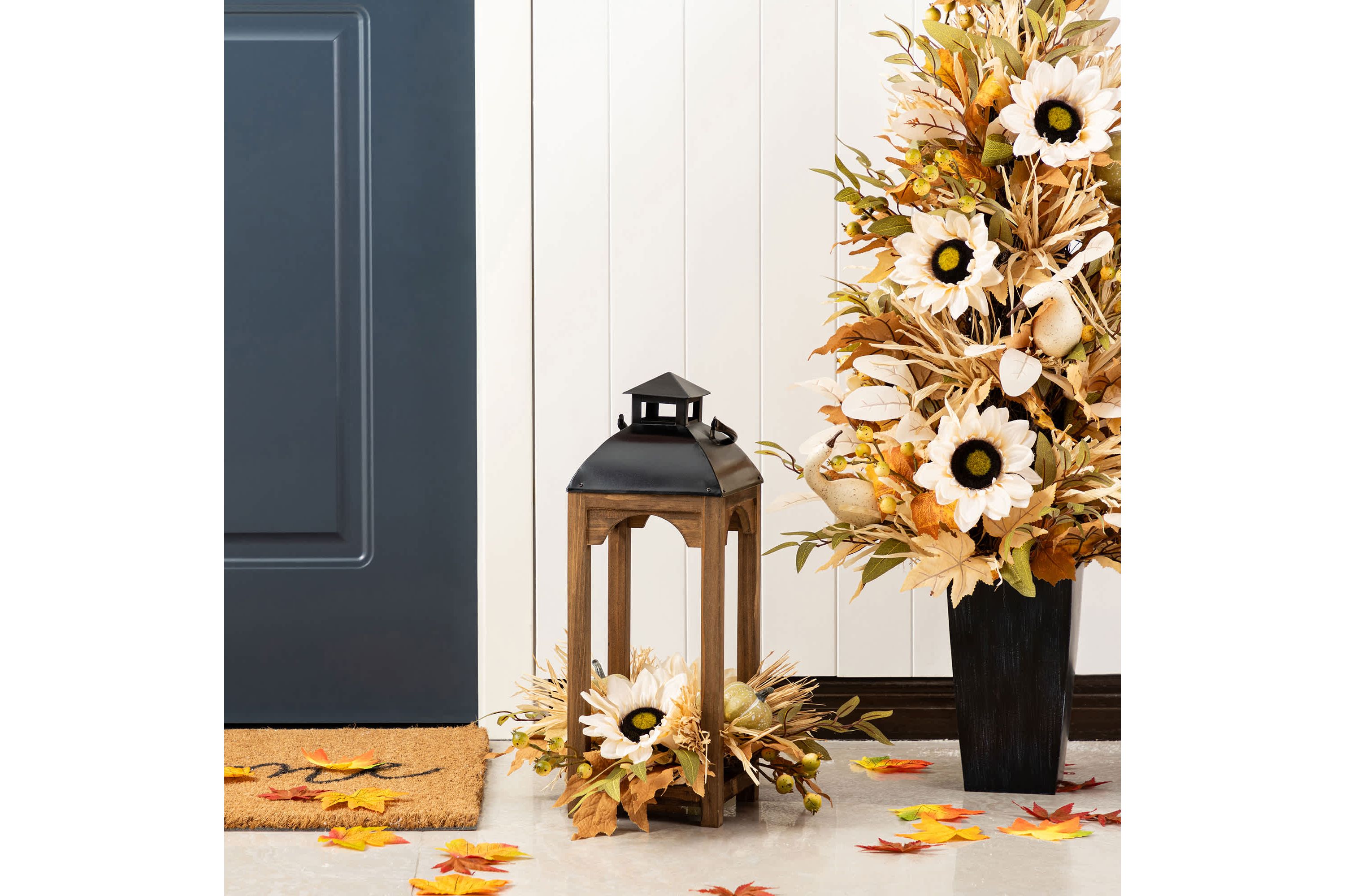 20"H Fall Neutral Sunflower, Pumpkin and Leaf Wood Lantern Centerpiece