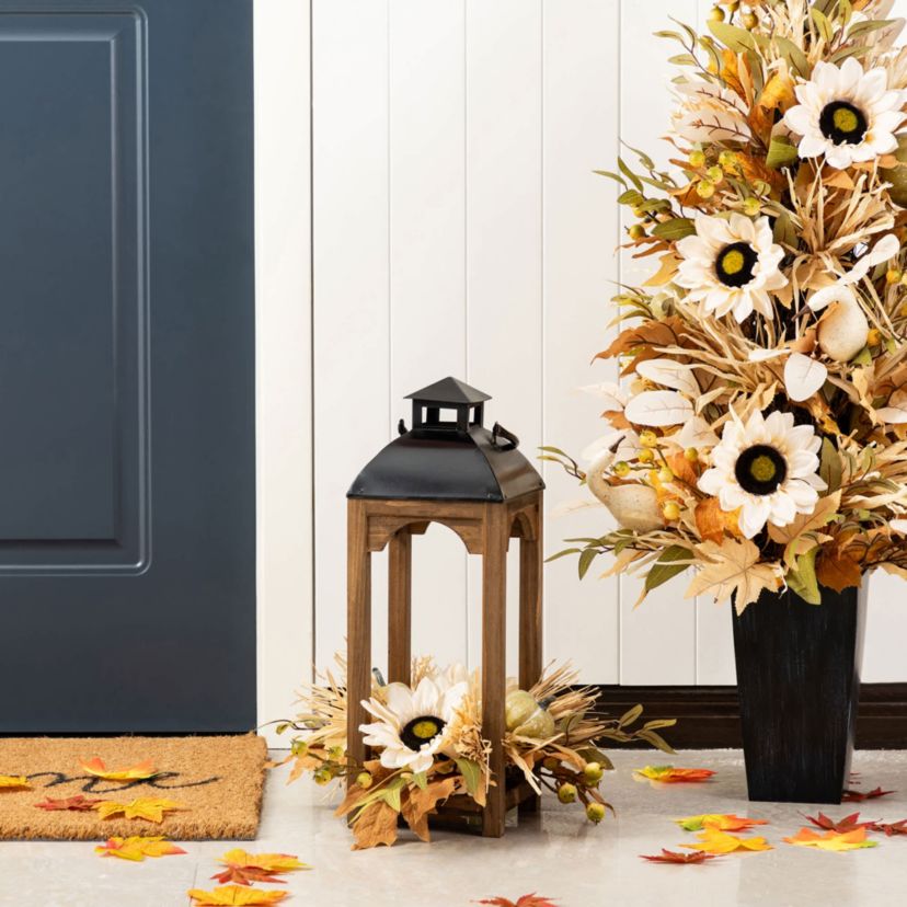 20"H Fall Neutral Sunflower, Pumpkin and Leaf Wood Lantern Centerpiece