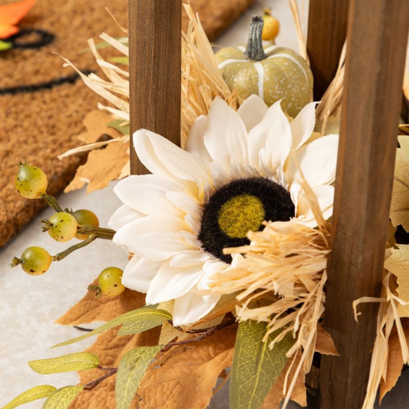 20"H Fall Neutral Sunflower, Pumpkin and Leaf Wood Lantern Centerpiece