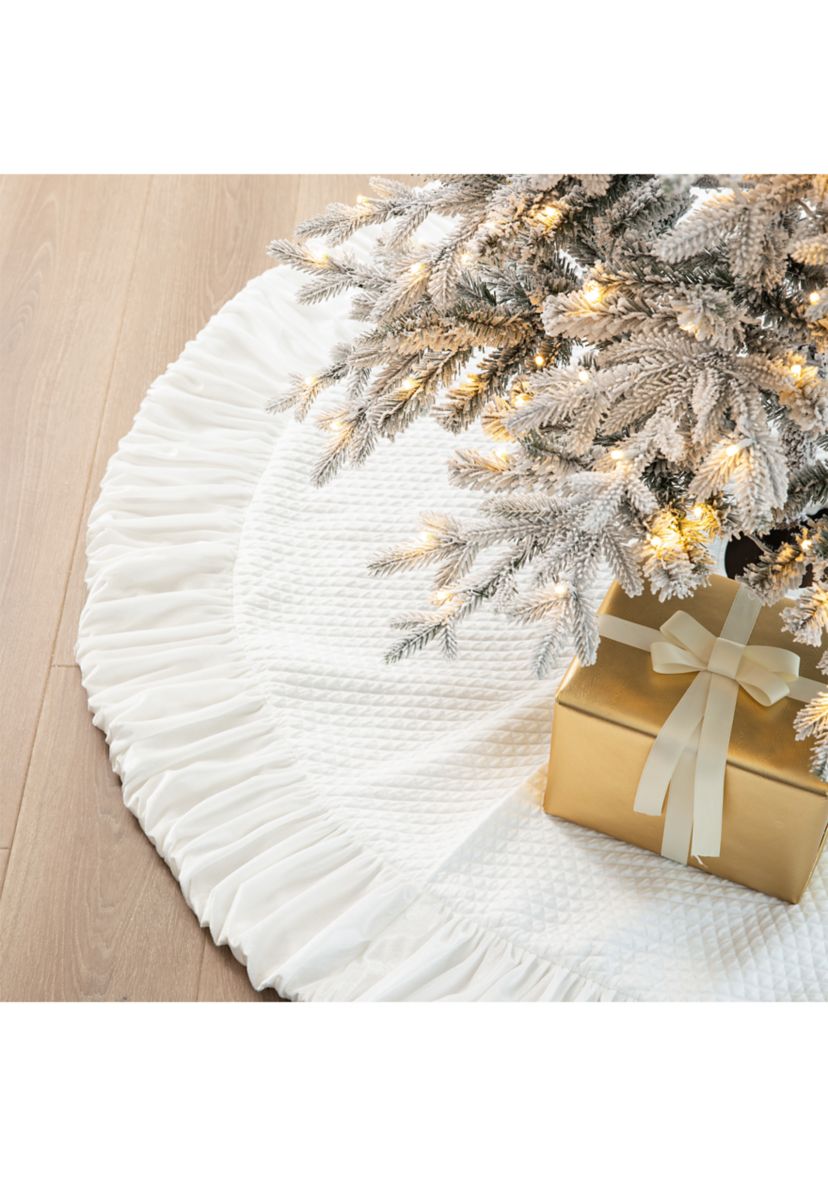 60”D Oversized Deluxe White Velvet Ruffled Christmas Tree Skirt