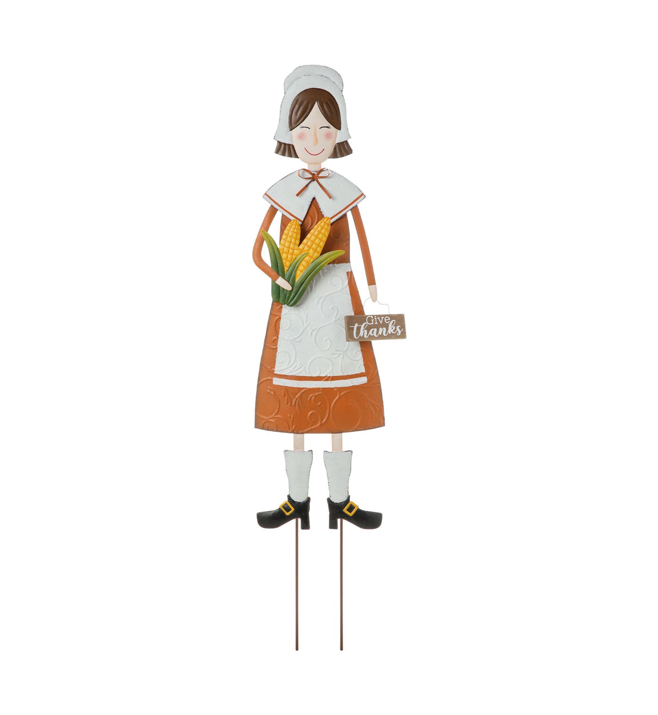 Metal Thanksgiving Pilgrim Girl Yard Stake, Standing Decor or Hanging Decor