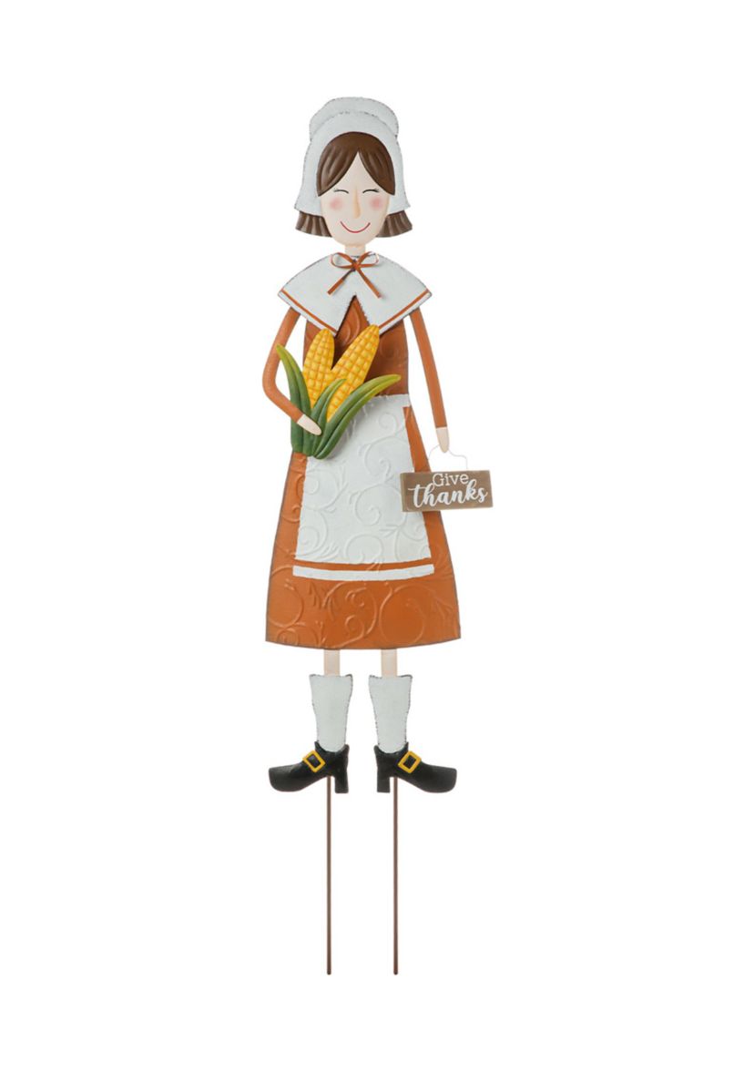 Metal Thanksgiving Pilgrim Girl Yard Stake, Standing Decor or Hanging Decor