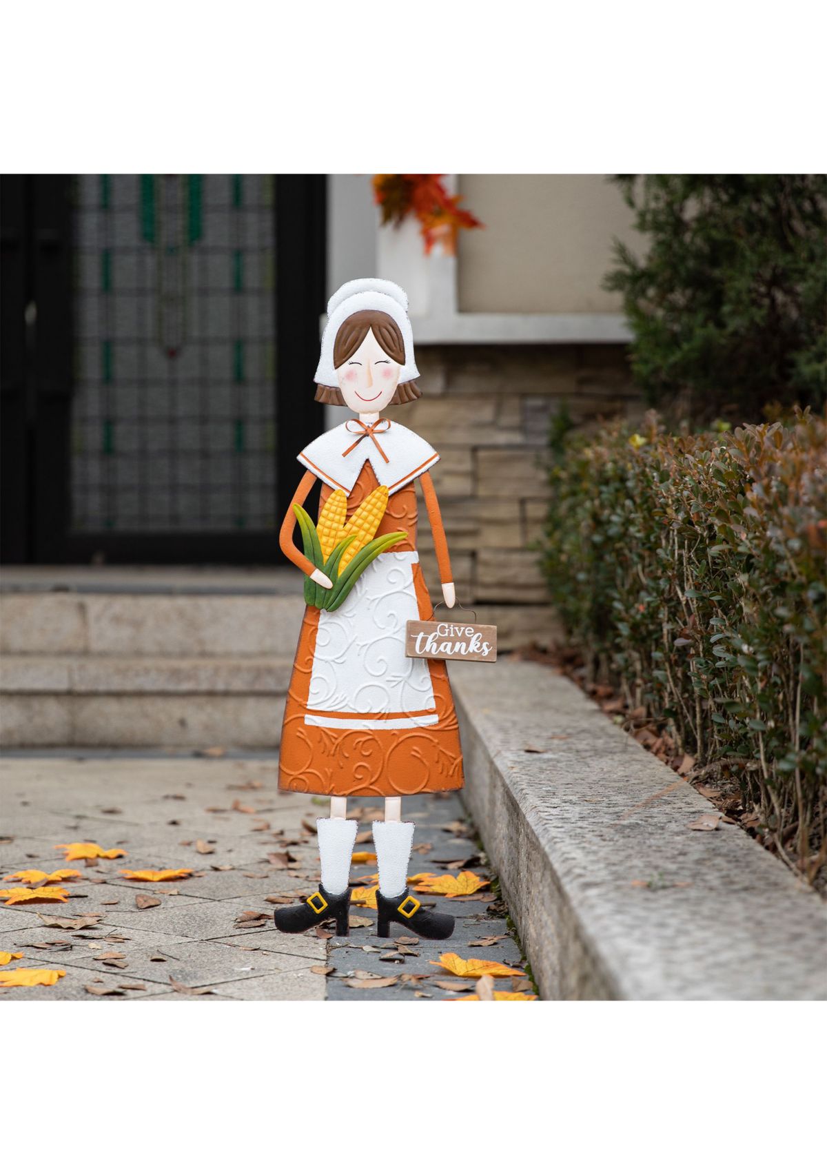 Metal Thanksgiving Pilgrim Girl Yard Stake, Standing Decor or Hanging Decor