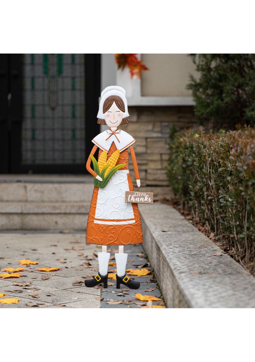 Metal Thanksgiving Pilgrim Girl Yard Stake, Standing Decor or Hanging Decor