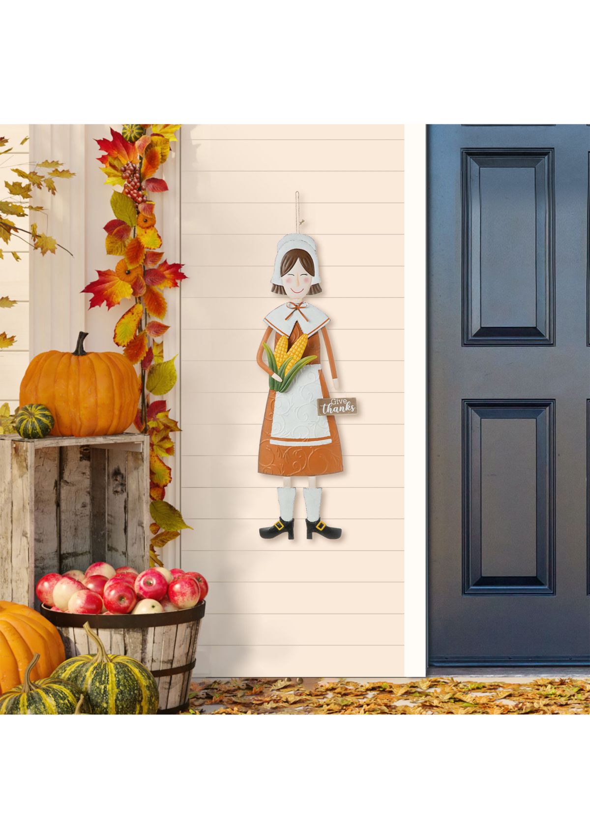 Metal Thanksgiving Pilgrim Girl Yard Stake, Standing Decor or Hanging Decor