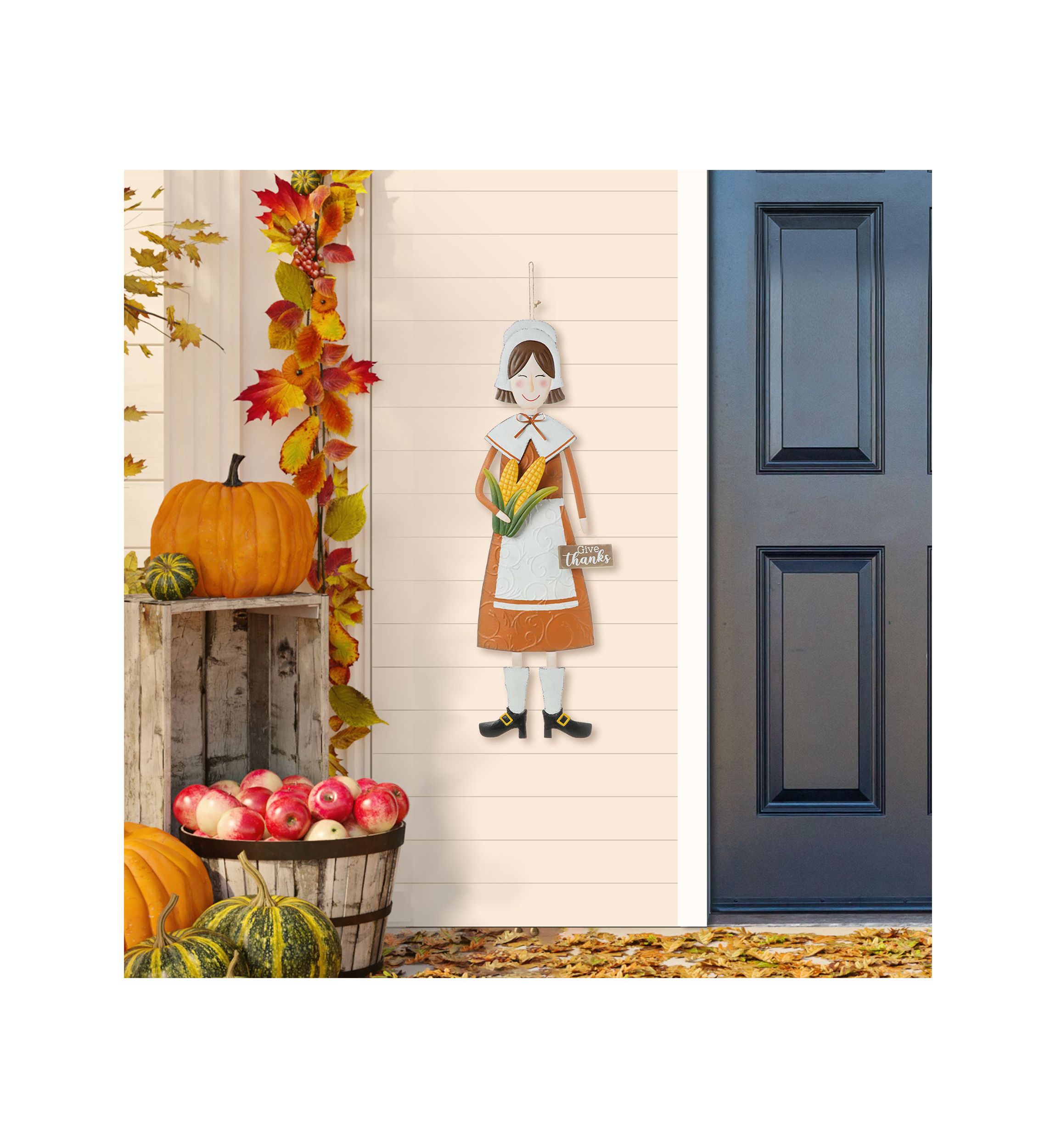 Metal Thanksgiving Pilgrim Girl Yard Stake, Standing Decor or Hanging Decor