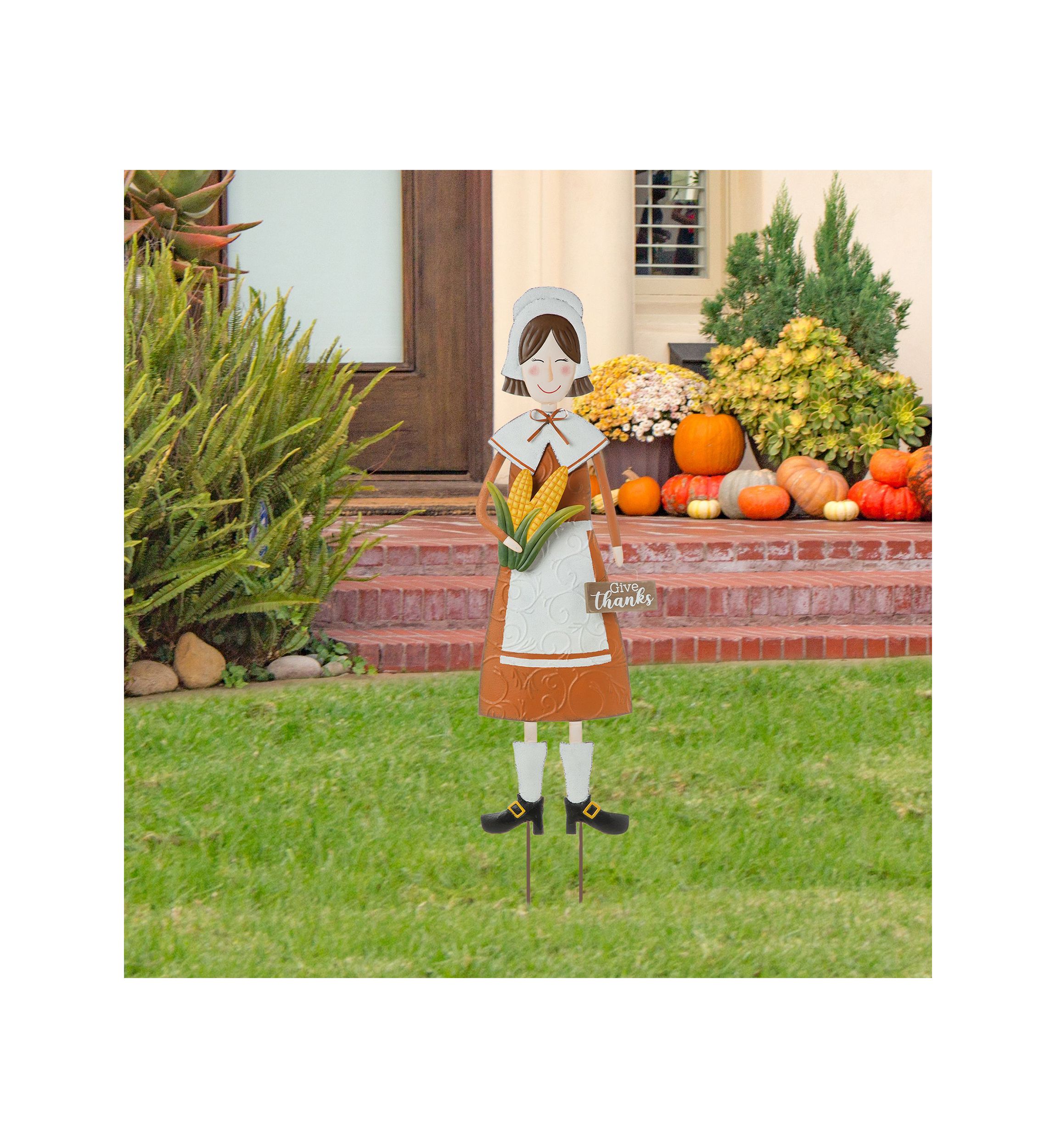 Metal Thanksgiving Pilgrim Girl Yard Stake, Standing Decor or Hanging Decor