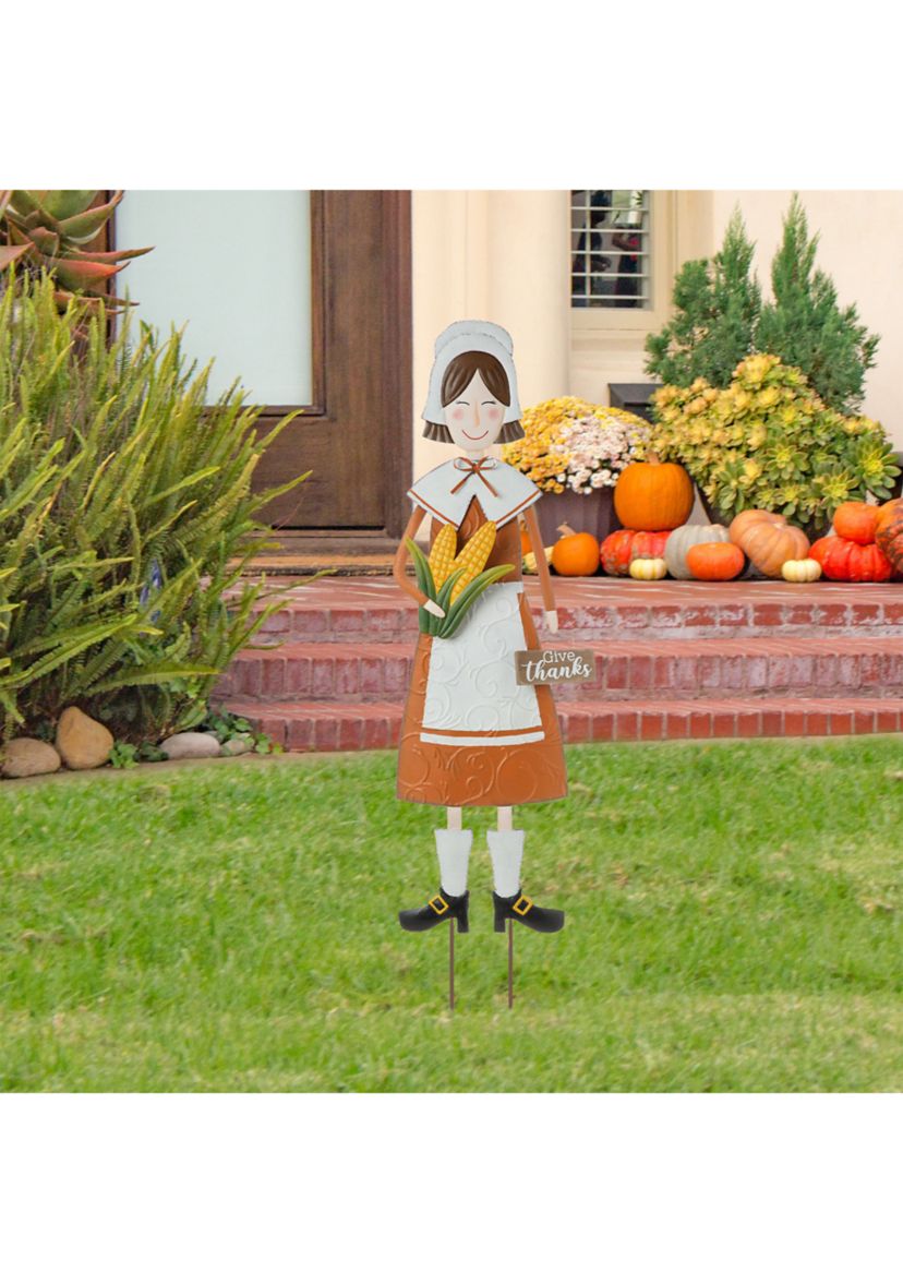 Metal Thanksgiving Pilgrim Girl Yard Stake, Standing Decor or Hanging Decor