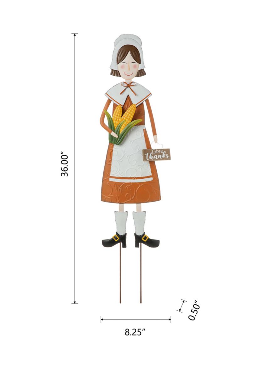Metal Thanksgiving Pilgrim Girl Yard Stake, Standing Decor or Hanging Decor