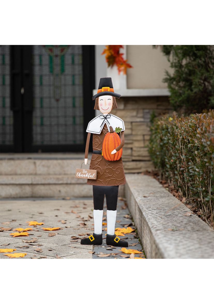 Metal Thanksgiving Pilgrim Boy Yard Stake, Standing Decor or Hanging Decor