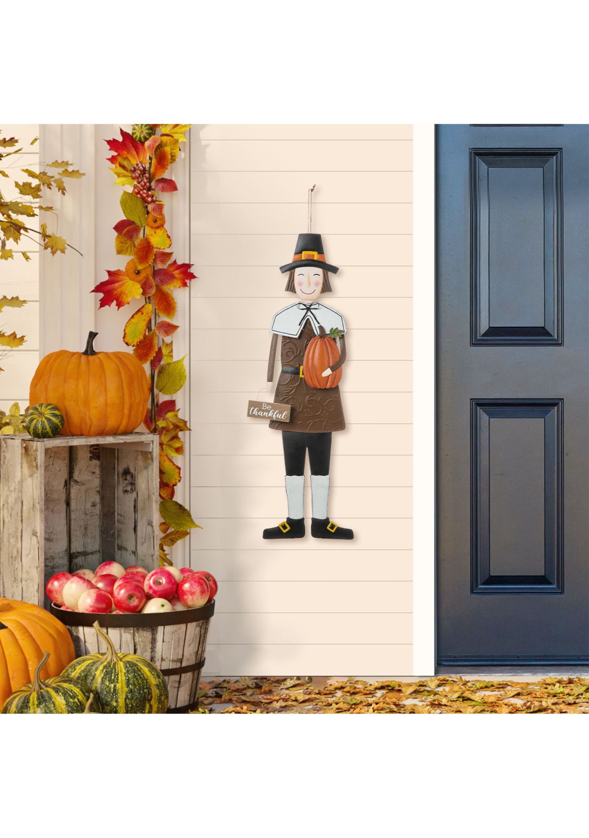 Metal Thanksgiving Pilgrim Boy Yard Stake, Standing Decor or Hanging Decor