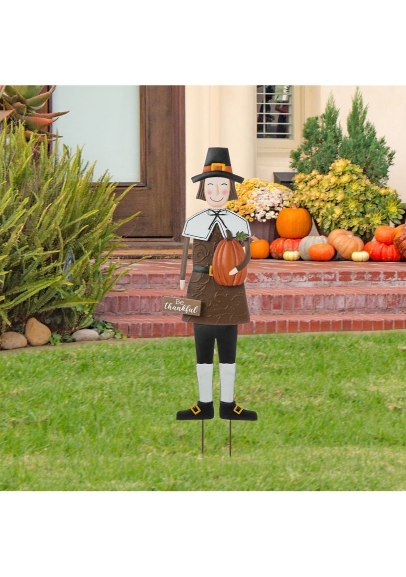 Metal Thanksgiving Pilgrim Boy Yard Stake, Standing Decor or Hanging Decor