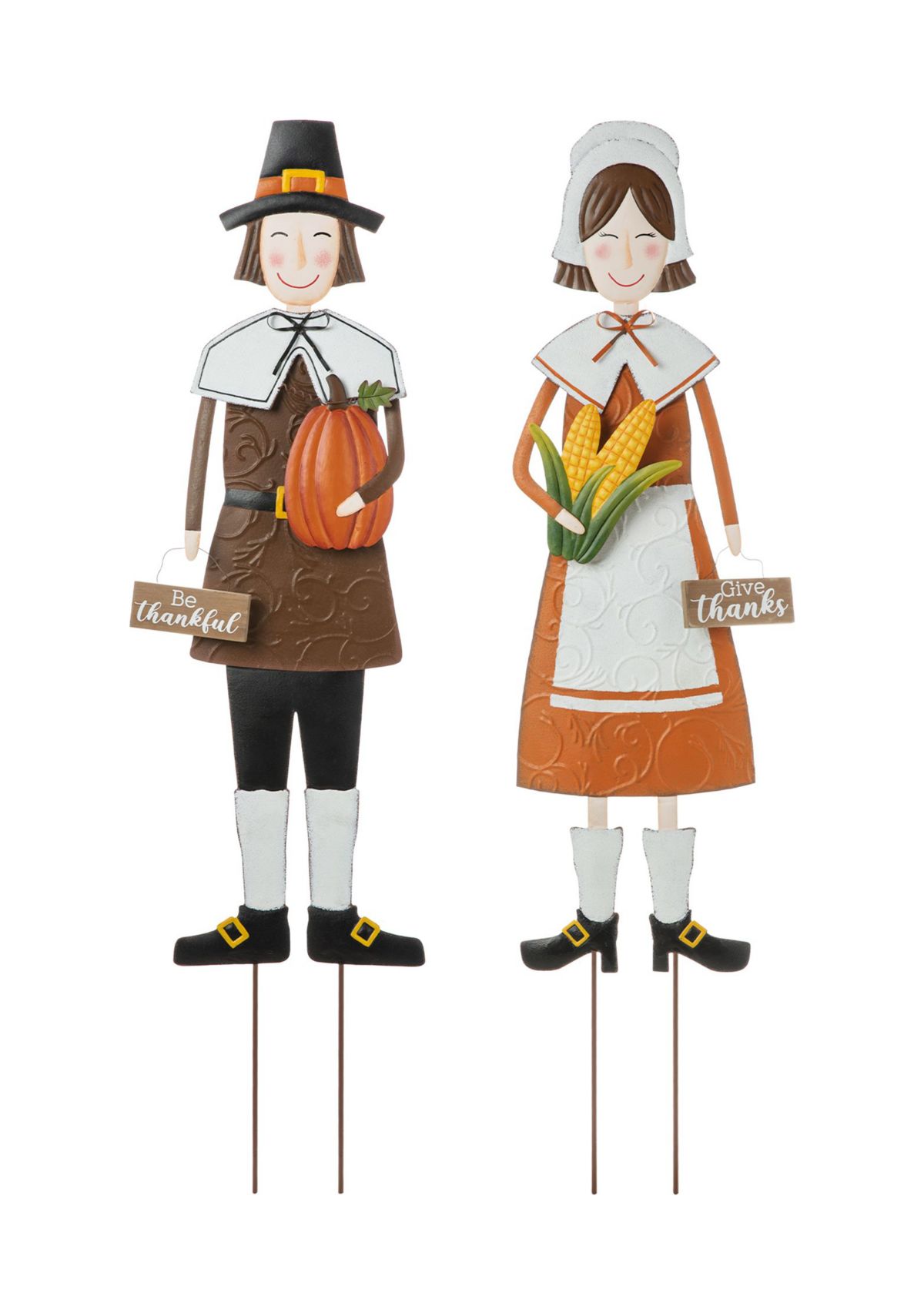 Set of 2 Metal Thanksgiving Pilgrim Yard Stake, Standing Decor or Hanging Decor 8.25"L*0.50"W*36.00"H8.25"L*1.00"W*36.00"H