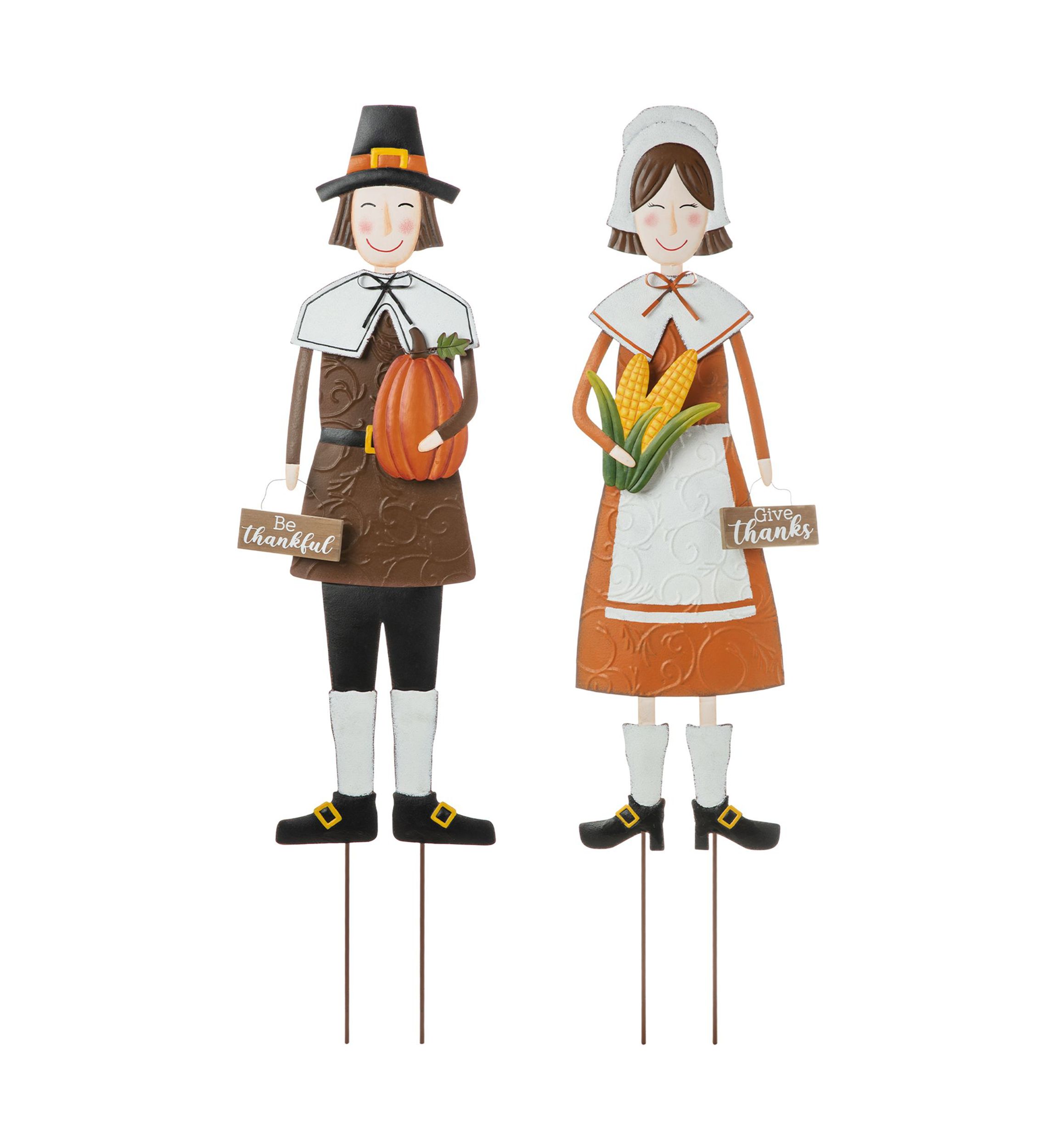 Set of 2 Metal Thanksgiving Pilgrim Yard Stake, Standing Decor or Hanging Decor 8.25"L*0.50"W*36.00"H8.25"L*1.00"W*36.00"H
