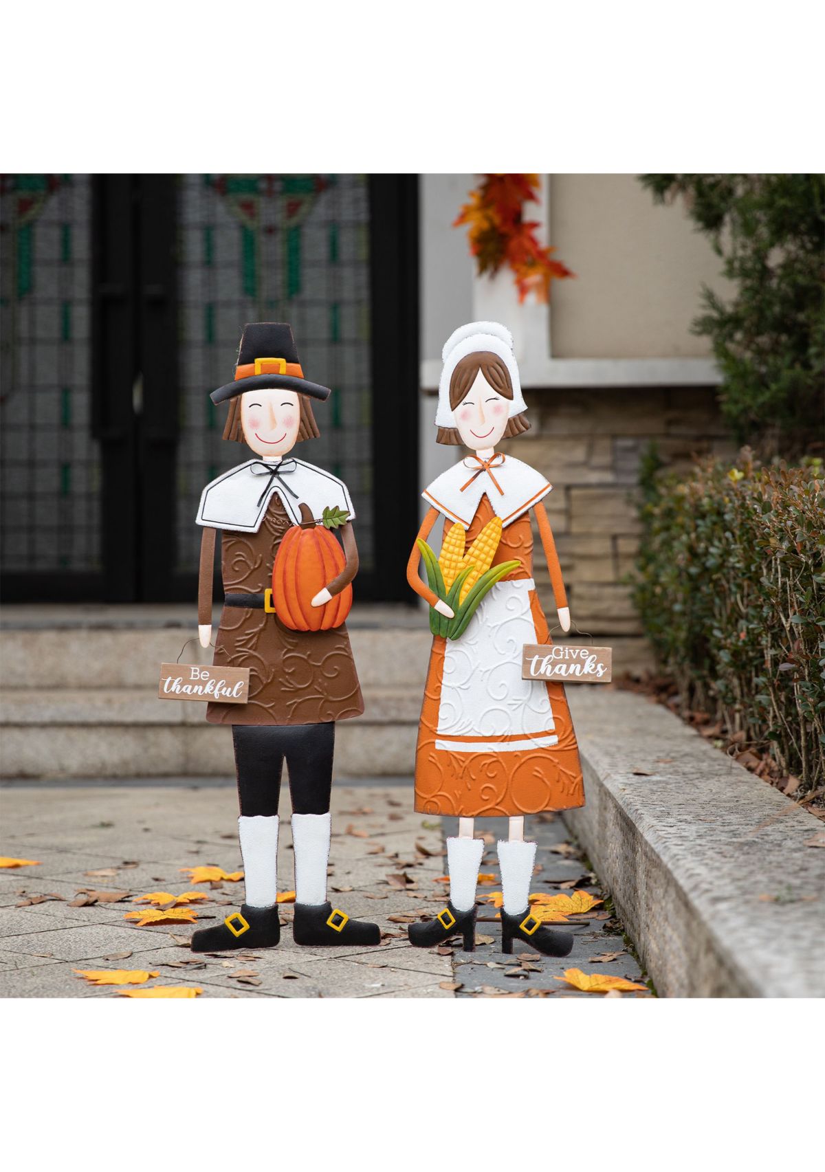 Set of 2 Metal Thanksgiving Pilgrim Yard Stake, Standing Decor or Hanging Decor 8.25"L*0.50"W*36.00"H8.25"L*1.00"W*36.00"H